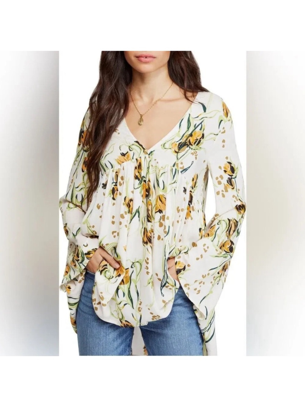 Free People Bella Floral Bell Sleeve Festival Mini Boho Tunic Sz S